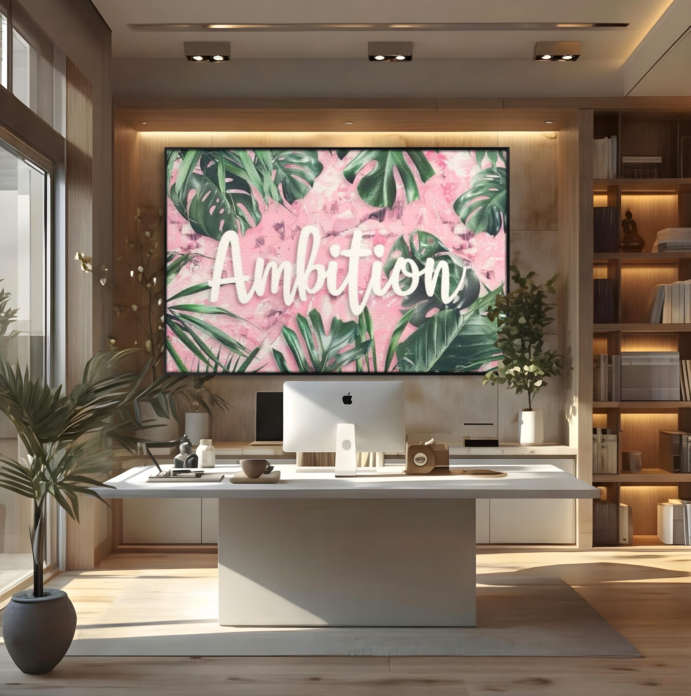 Tablou canvas cu tablou canvas cu frunze tropicale si text, in rama de aluminiu negru, pe perete intr-un birou
